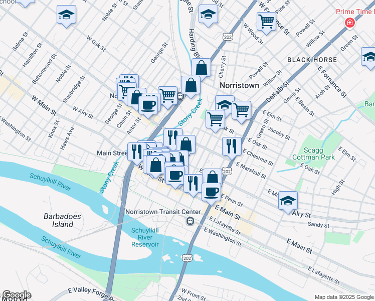 map of restaurants, bars, coffee shops, grocery stores, and more near 529 Cherry Street in Norristown