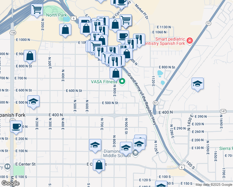 map of restaurants, bars, coffee shops, grocery stores, and more near 592 North 800 East in Spanish Fork