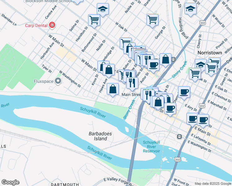 map of restaurants, bars, coffee shops, grocery stores, and more near 523 West Lafayette Street in Norristown