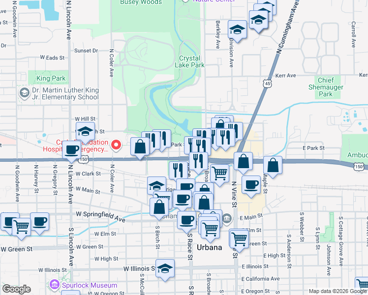 map of restaurants, bars, coffee shops, grocery stores, and more near 512 Race Street in Urbana