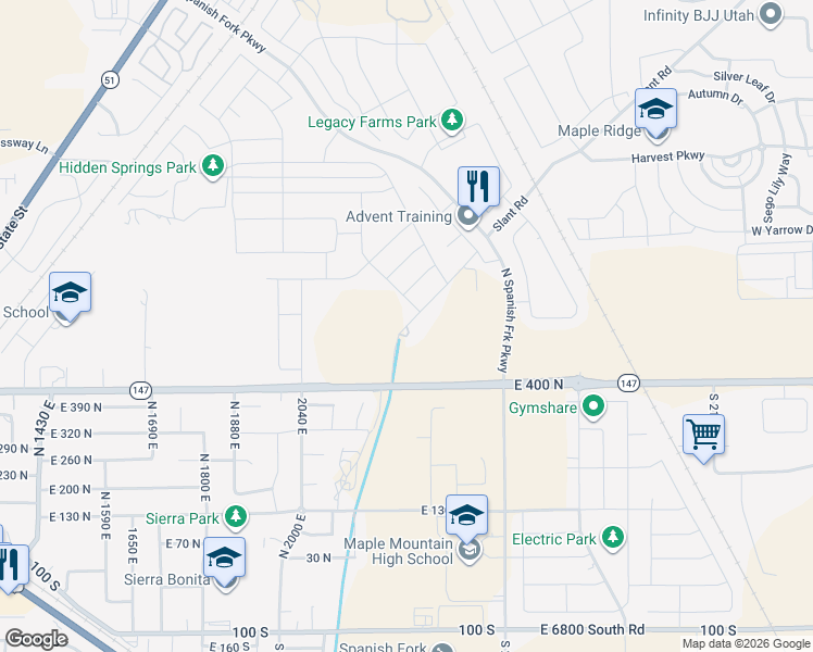 map of restaurants, bars, coffee shops, grocery stores, and more near 365 Slant Road in Spanish Fork