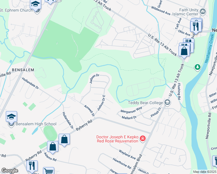 map of restaurants, bars, coffee shops, grocery stores, and more near 5224 Judson Drive in Bensalem