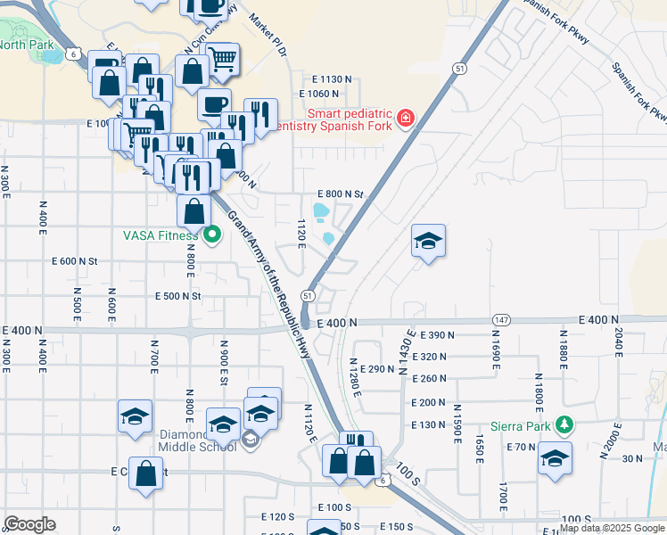 map of restaurants, bars, coffee shops, grocery stores, and more near 1209 East 570 North Street in Spanish Fork