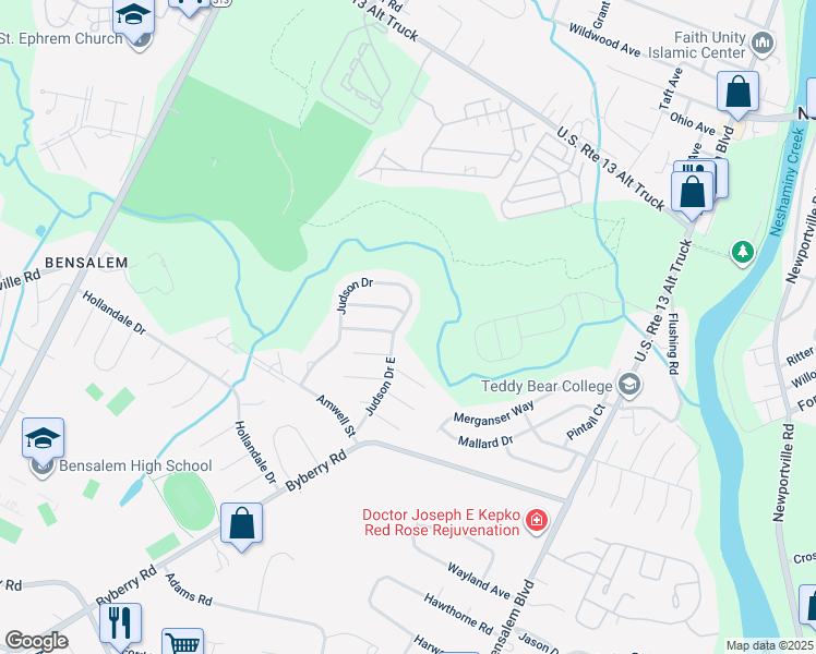 map of restaurants, bars, coffee shops, grocery stores, and more near 5224 Judson Drive in Bensalem