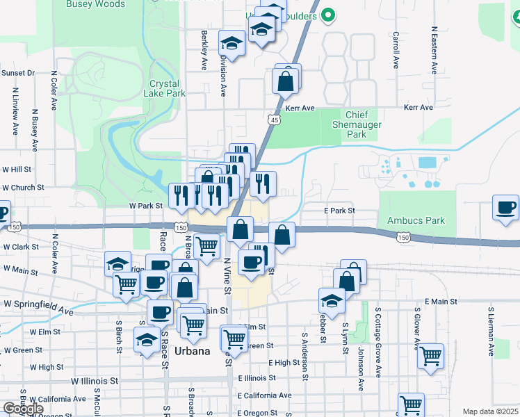 map of restaurants, bars, coffee shops, grocery stores, and more near 453-499 E Park St in Urbana