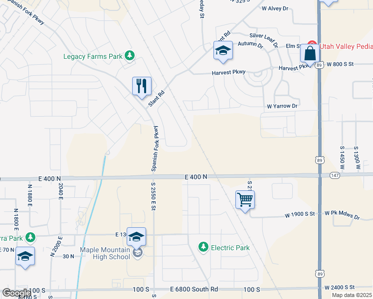 map of restaurants, bars, coffee shops, grocery stores, and more near 2675 East 390 North in Spanish Fork