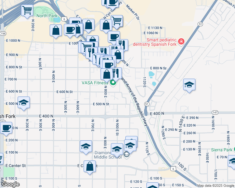 map of restaurants, bars, coffee shops, grocery stores, and more near 904 East 600 North in Spanish Fork