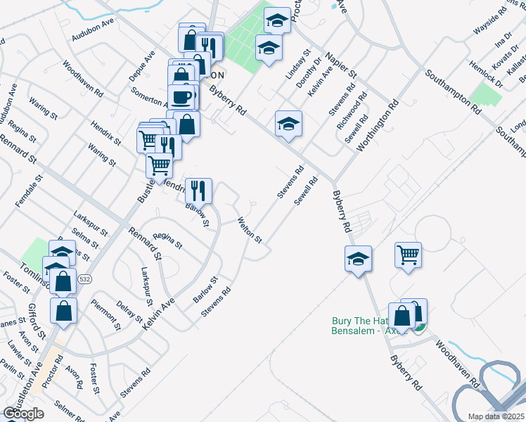 map of restaurants, bars, coffee shops, grocery stores, and more near 11920 Stevens Road in Philadelphia