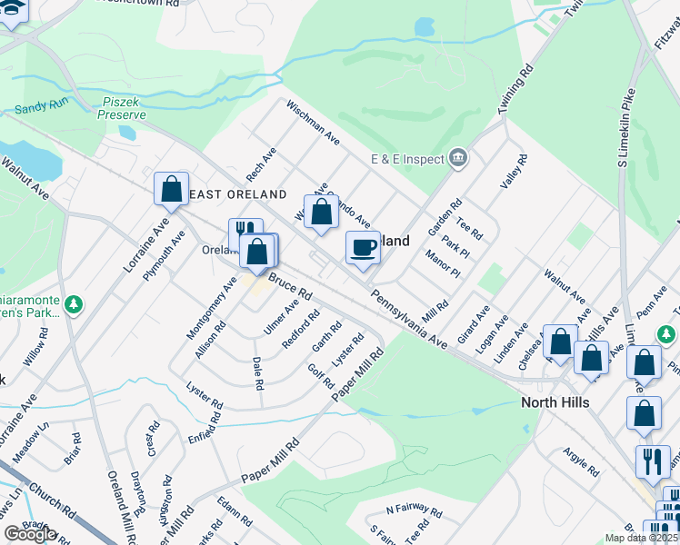map of restaurants, bars, coffee shops, grocery stores, and more near 16 Apel Avenue in Oreland