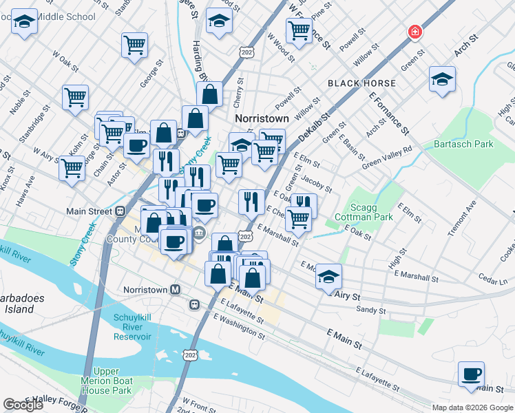map of restaurants, bars, coffee shops, grocery stores, and more near 60 East Chestnut Street in Norristown