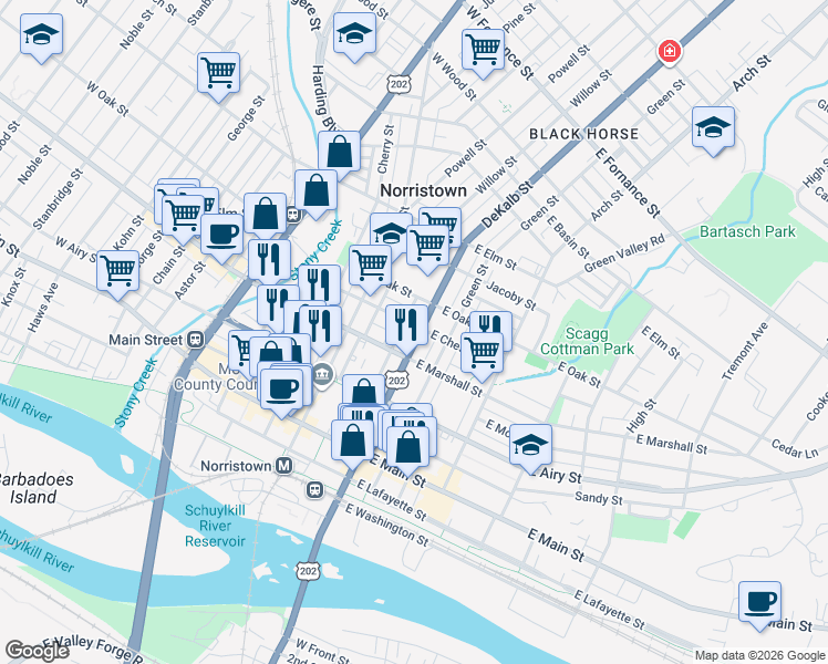 map of restaurants, bars, coffee shops, grocery stores, and more near 60 East Chestnut Street in Norristown