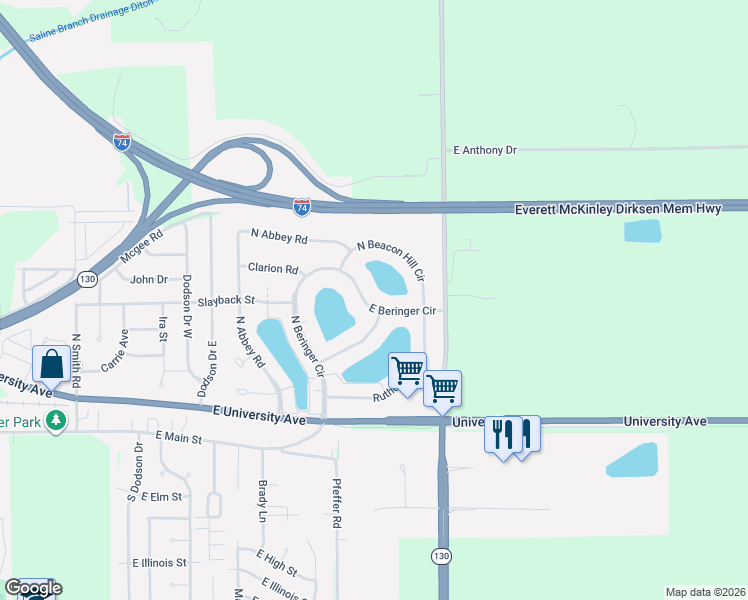 map of restaurants, bars, coffee shops, grocery stores, and more near 3014 East Beringer Circle in Urbana