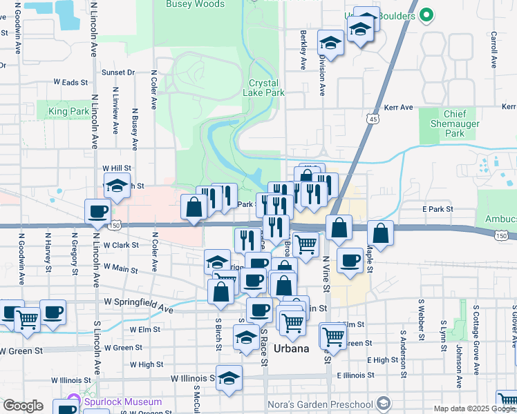 map of restaurants, bars, coffee shops, grocery stores, and more near 512 Race Street in Urbana