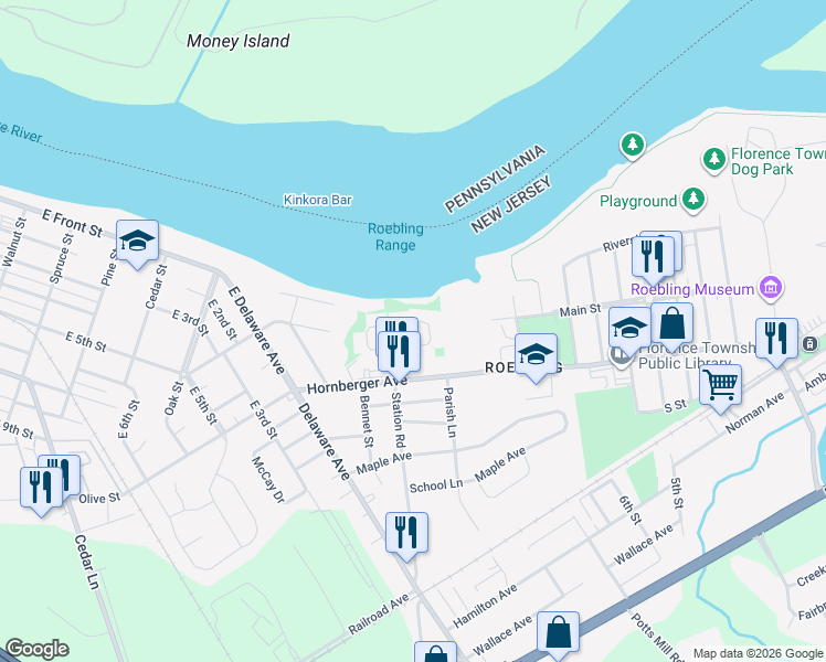 map of restaurants, bars, coffee shops, grocery stores, and more near 44 River Bank Drive in Florence