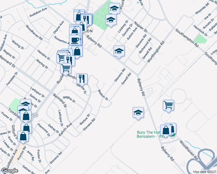 map of restaurants, bars, coffee shops, grocery stores, and more near 11920 Stevens Road in Philadelphia