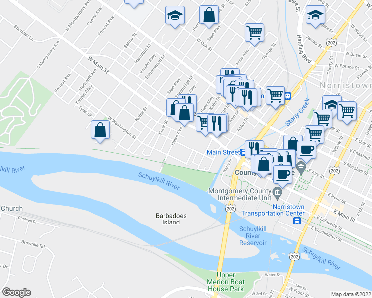 map of restaurants, bars, coffee shops, grocery stores, and more near 622 West Lafayette Street in Norristown