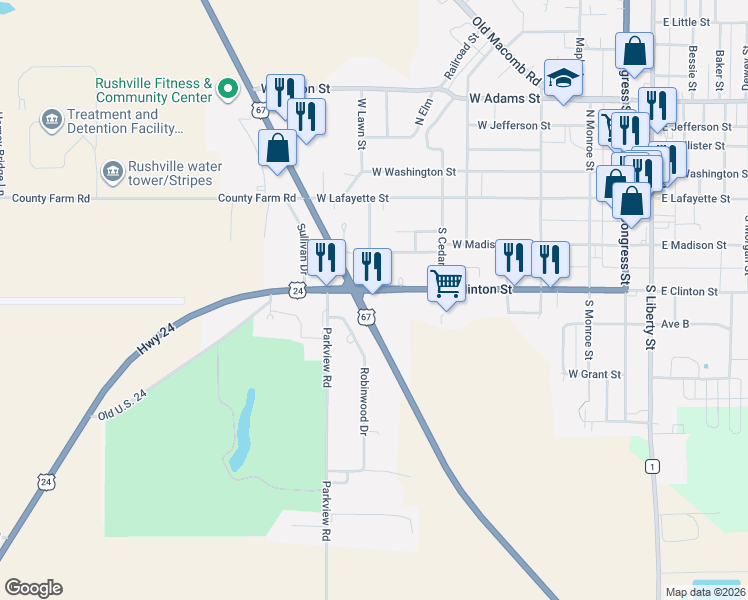 map of restaurants, bars, coffee shops, grocery stores, and more near 584 West Clinton Street in Rushville