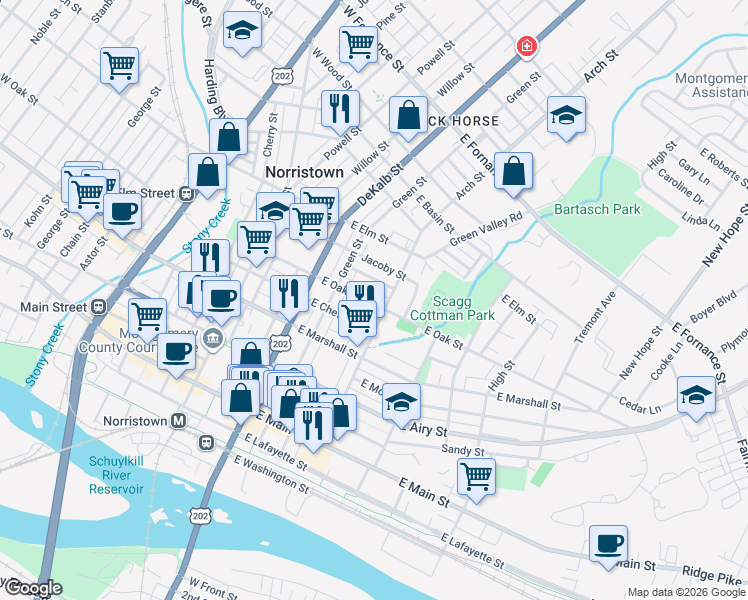map of restaurants, bars, coffee shops, grocery stores, and more near 229 East Oak Street in Norristown