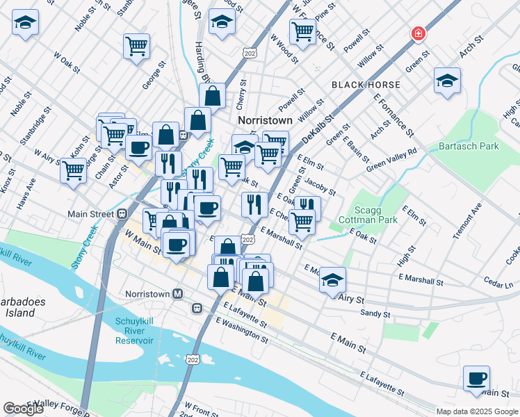 map of restaurants, bars, coffee shops, grocery stores, and more near 60 East Chestnut Street in Norristown