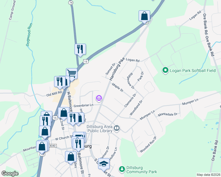 map of restaurants, bars, coffee shops, grocery stores, and more near 502 Harrisburg Pike in Dillsburg