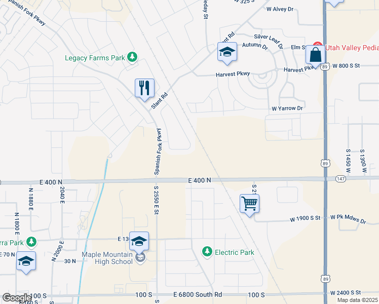 map of restaurants, bars, coffee shops, grocery stores, and more near 2675 East 390 North in Spanish Fork