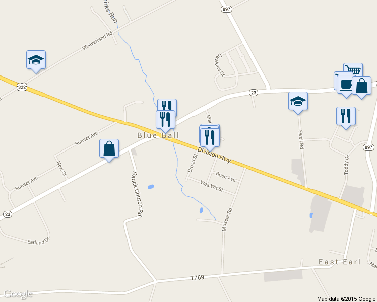 map of restaurants, bars, coffee shops, grocery stores, and more near 4263 Division Highway in East Earl