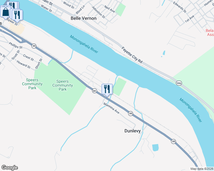 map of restaurants, bars, coffee shops, grocery stores, and more near 15 Walnut St in Dunlevy