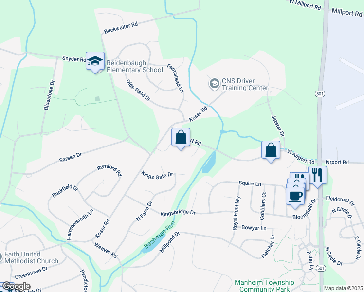 map of restaurants, bars, coffee shops, grocery stores, and more near 188 West Airport Road in Lititz