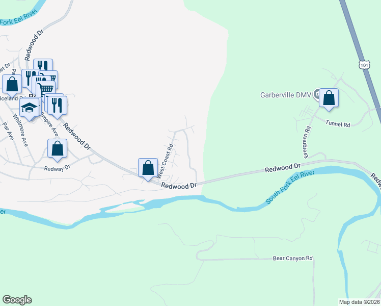 map of restaurants, bars, coffee shops, grocery stores, and more near 77 Mill Road in Redway