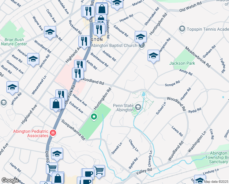 map of restaurants, bars, coffee shops, grocery stores, and more near 1263 Rosemont Lane in Abington
