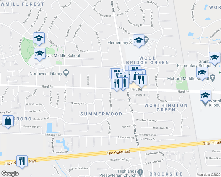 map of restaurants, bars, coffee shops, grocery stores, and more near Hard Rd & Rhapsody Dr in Columbus