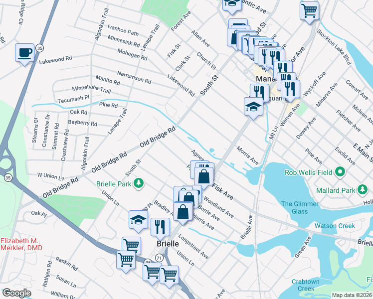 map of restaurants, bars, coffee shops, grocery stores, and more near 635 Agnes Avenue in Brielle