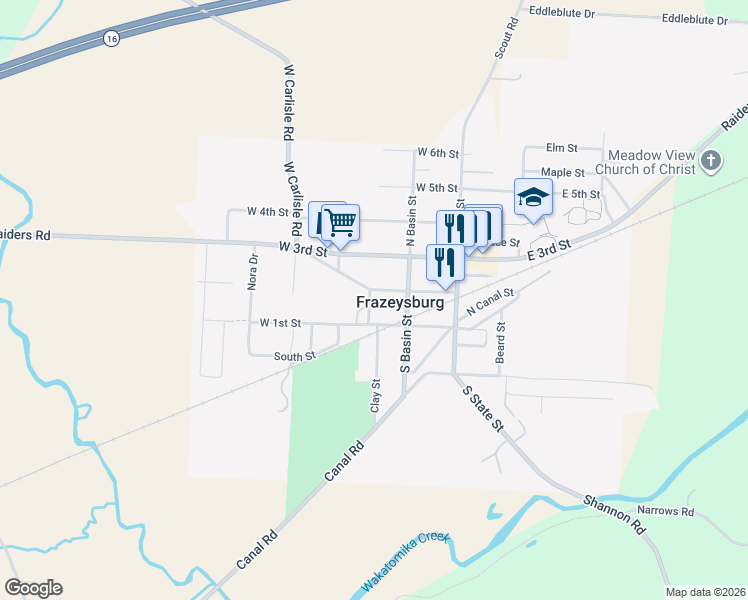 map of restaurants, bars, coffee shops, grocery stores, and more near 101 West 2nd Street in Frazeysburg