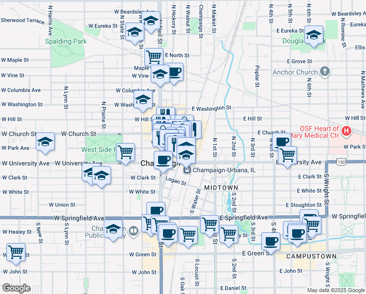 map of restaurants, bars, coffee shops, grocery stores, and more near 44 East Main Street in Champaign
