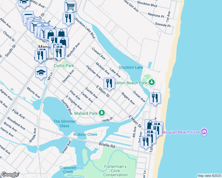 map of restaurants, bars, coffee shops, grocery stores, and more near 157 Fletcher Avenue in Manasquan