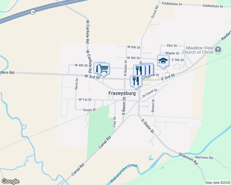map of restaurants, bars, coffee shops, grocery stores, and more near 101 West 2nd Street in Frazeysburg