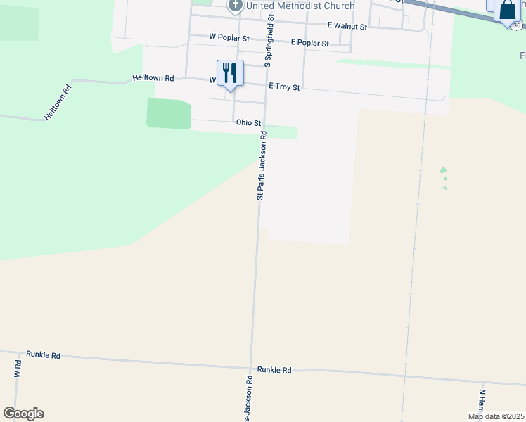 map of restaurants, bars, coffee shops, grocery stores, and more near 909 Saint Paris-Jackson Road in Saint Paris