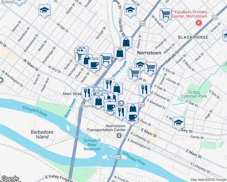 map of restaurants, bars, coffee shops, grocery stores, and more near 516 Norris Street in Norristown