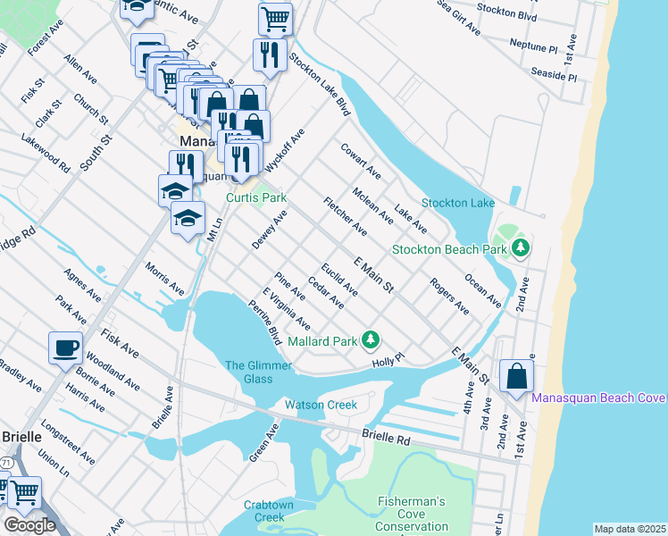 map of restaurants, bars, coffee shops, grocery stores, and more near 352 Euclid Avenue in Manasquan