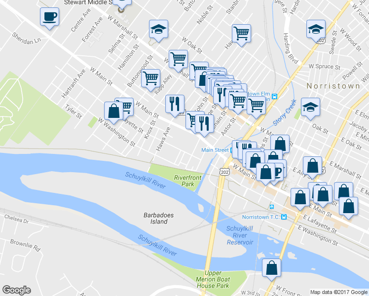 map of restaurants, bars, coffee shops, grocery stores, and more near 523 West Lafayette Street in Norristown