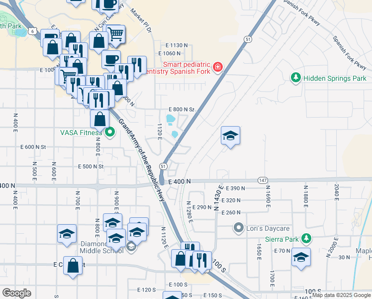 map of restaurants, bars, coffee shops, grocery stores, and more near 1238 East 680 North in Spanish Fork