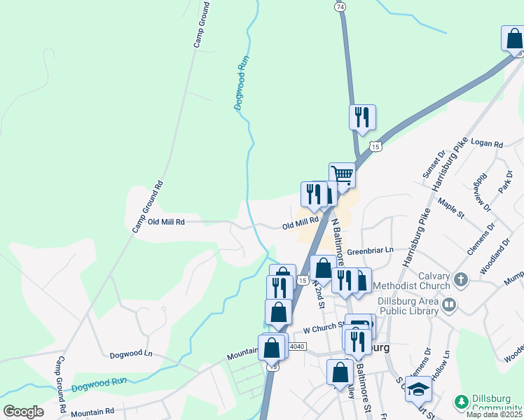 map of restaurants, bars, coffee shops, grocery stores, and more near 26 Old Mill Road in Dillsburg