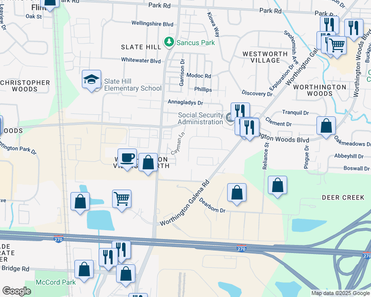 map of restaurants, bars, coffee shops, grocery stores, and more near 7505 Liberton Place in Worthington