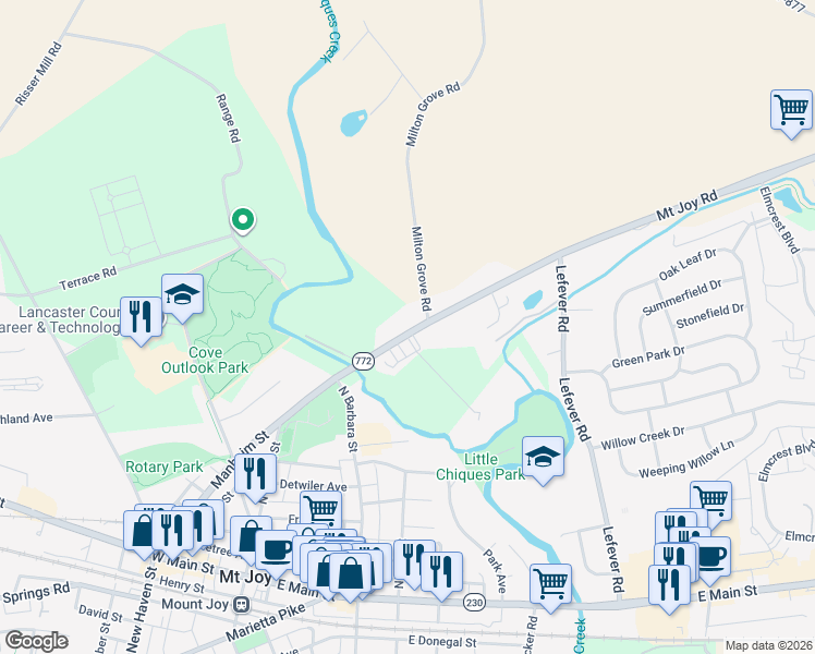 map of restaurants, bars, coffee shops, grocery stores, and more near 3722 Mount Joy Road in Mount Joy