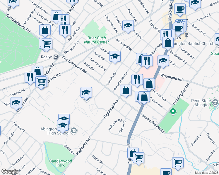 map of restaurants, bars, coffee shops, grocery stores, and more near 2039 Susquehanna Road in Abington