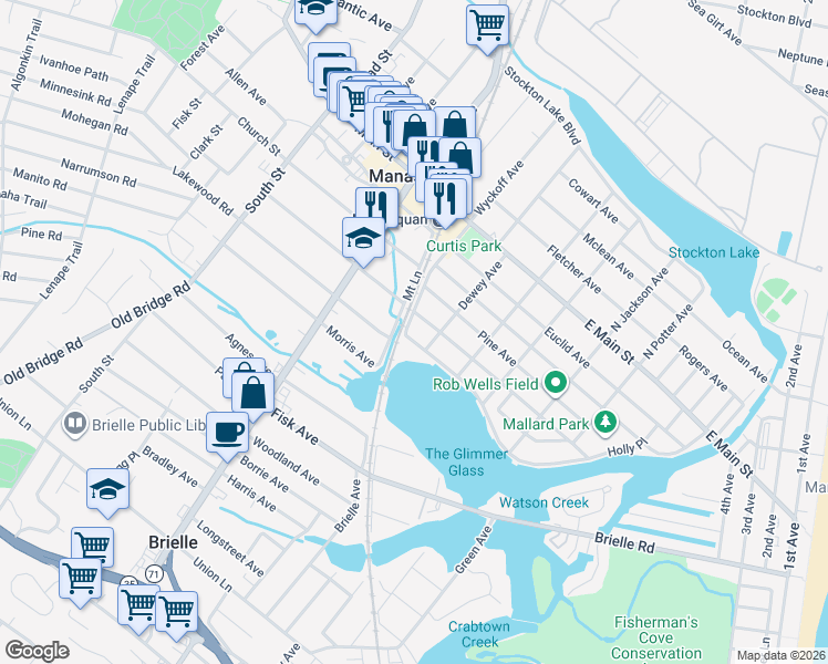 map of restaurants, bars, coffee shops, grocery stores, and more near 264 Perrine Boulevard in Manasquan