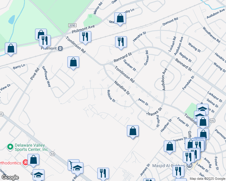map of restaurants, bars, coffee shops, grocery stores, and more near 10836 Nandina Lane in Philadelphia