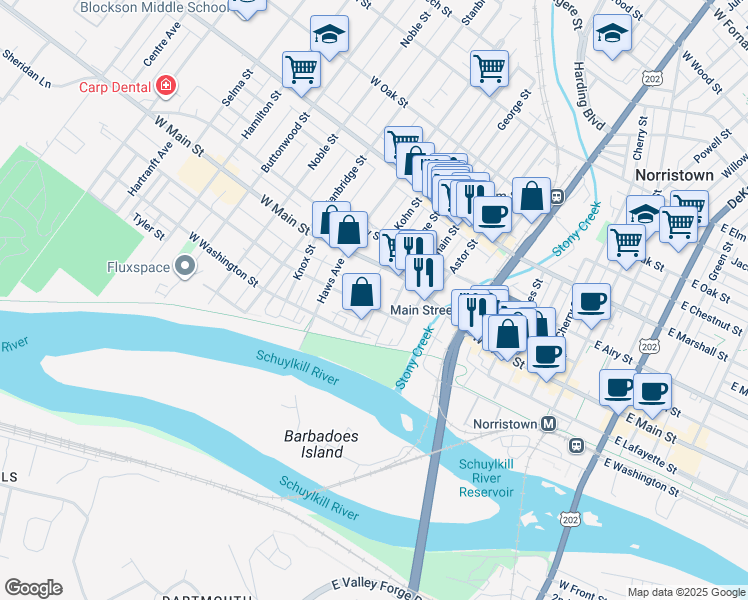 map of restaurants, bars, coffee shops, grocery stores, and more near 522 West Main Street in Norristown