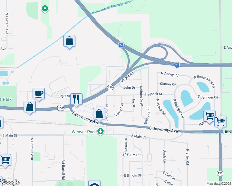 map of restaurants, bars, coffee shops, grocery stores, and more near 501 Mcgee Road in Urbana