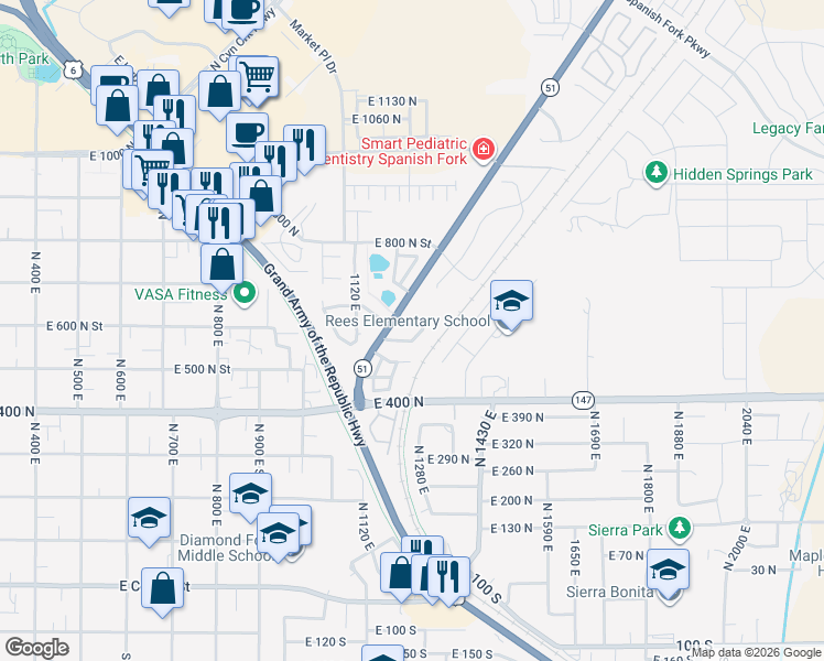 map of restaurants, bars, coffee shops, grocery stores, and more near 1238 East 680 North in Spanish Fork